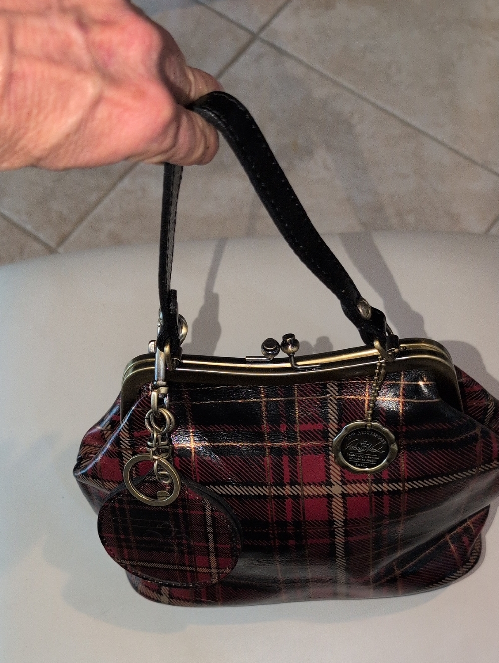 Patricia Nash Black and Red Plaid Frame-Top Mini Bag